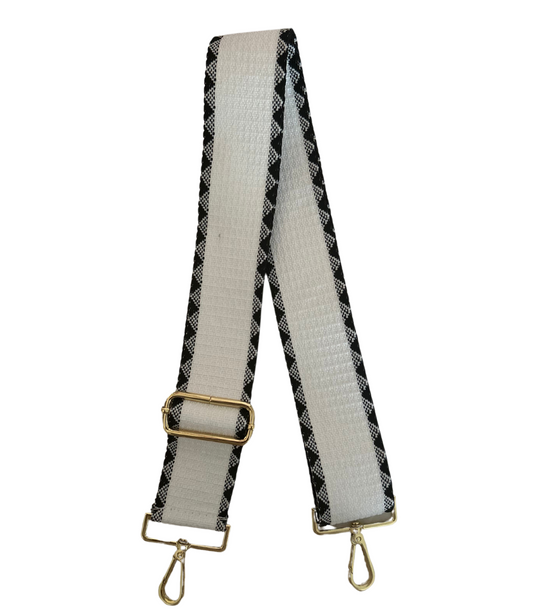 Bagstrap, witte kleur met een stijlvolle zwarte abstracte rand.