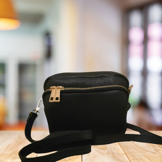 Zwarte leren Crossbody handtas met gouden ritssluiting