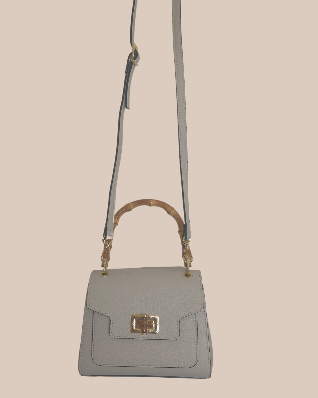 Beige Tas met Bamboe handvaten en gouden details.